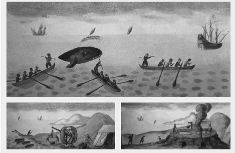 Fig. 1. Hunting, dismantling and production of whale oil, using Basque crews at the service   of English whalers in Spitzbergen in 1613