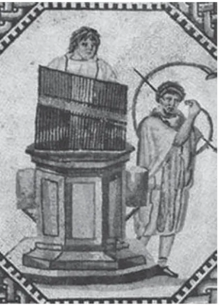 Figura 3. Hydráulis e cornu. Mosaico da vila romana de Nennig, Alemanha, século  II  d.C