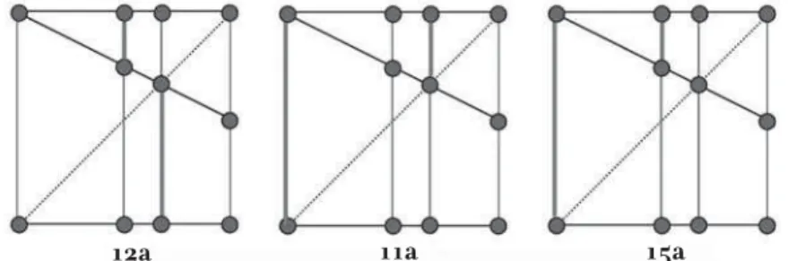 Figura 13. Intervalos musicais demonstrados no hélicon: 12a, 11a, 15a. A relação entre as cordas em destaque produz o som de intervalos de 12a (quinta+oitava), 11a (quarta+oitava) e 15a (dupla oitava), respectivamente.