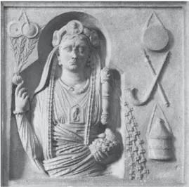 Figura 1. Uma sacerdotisa de Cibele com os instrumentos musicais relacionados a seu culto