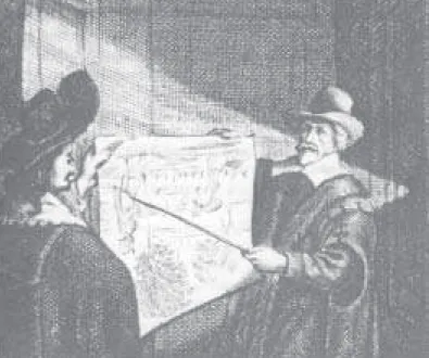 Figura 3. Desenho mostrando dois homens no in- in-terior da câmara escura comentando a imagem invertida em uma tela após essa imagem ter  pas-sado pela abertura