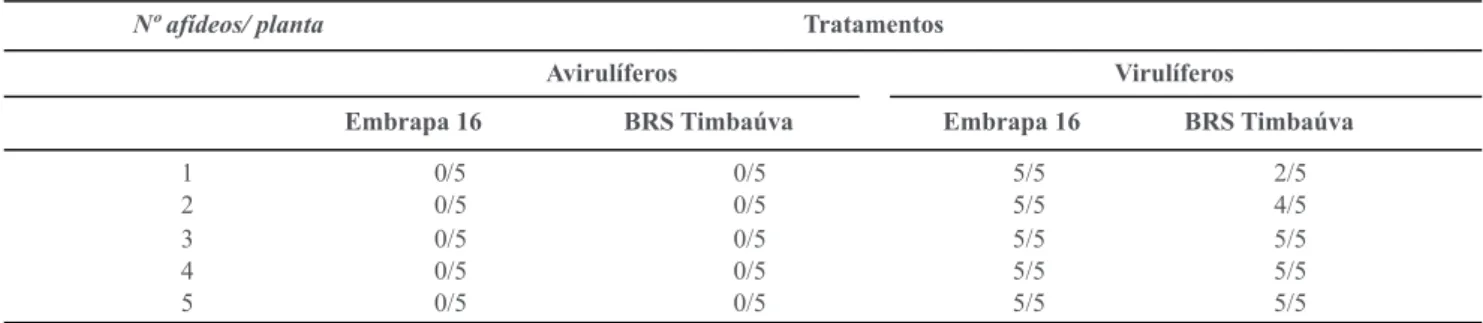 TABELA 3 -  Frequência de plantas de duas cultivares de trigo, infestadas com número variável de afídeos virulíferos soropositivas para  BYDV-PAV