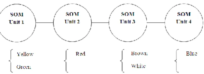 Figure 11.  This figure represents schematically an example of a SOM with  an output space definied with one single dimension with four units