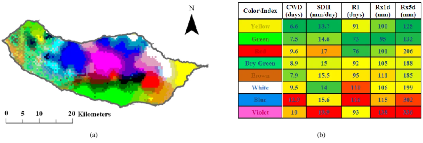 Figure 10.  Visualization of the five precipitation indices: (a) Cartographic representation of data using the output of the SOM mapped to a 3D RGB space