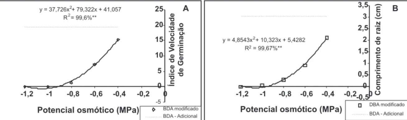 FIGURA 2 - A.  Índice de velocidade de germinação; e  B.  e comprimento de raiz de sementes submetidas à incubação em  meio BDA osmoticamente modiicado.