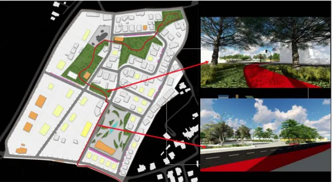 Figure 7: City Project Proposal – Zone A: 3D model of green spaces and streets (Source: Students group -  Daniélle Pereira, João Silva, Ricardo Sousa, and Válter Silva – Urban Planning Unit)