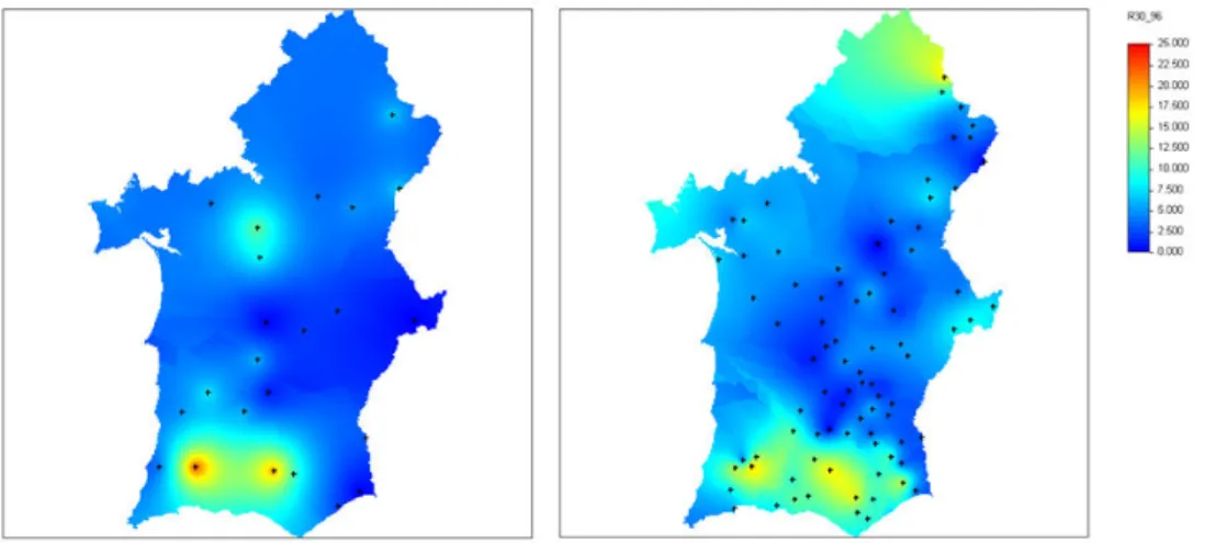 Figure 5: Spatial distribution of the R30 index for 1947 (left figure) and 1996 (right figure).