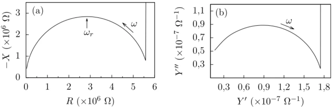 Figura 3.3: (a) Diagrama de Nyquist e (b) plano complexo da admitância relacio- relacio-nada à impedância dada pela eq