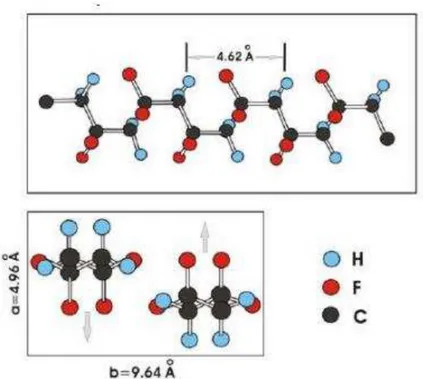 Fig. β.γ.β: PVDF na fase α, com a representação da conformação molecular na ilustração acima e com a  ilustração da célula unitária com momento dipolar (representado pelas setas) abaixo, retirada de Sencadas  (2005) apud  Rosso [32]