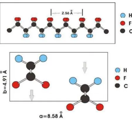 Fig. β. γ. γ: PVDF na fase  , com a representação da conformação molecular na ilustração acima e com a  ilustração da célula unitária com momento dipolar (representado pelas setas) abaixo, retirada de Sencadas  (2005) apud  Rosso [32]