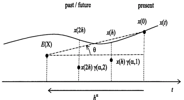 Figura 2.1: Interpreta¸c˜ao geom´etrica e probabil´ıstica da derivada fracion´ aria de Gr¨ unwald- unwald-Letnikov de ordem α de uma fun¸c˜ao x(t) [54].