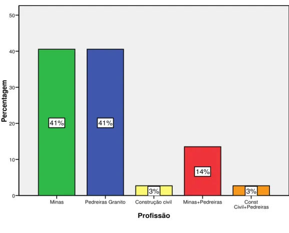 Gráfico 7. Actividades profissionais  Profissão Const  Civil+PedreirasMinas+PedreirasConstrução civilPedreiras GranitoMinasPercentagem504030201003%14%3%41%41%