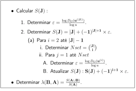 Figura 2.5: Algoritmo que devolve o coeficiente de dependência na cauda superior λ(B, A) dados dois conjuntos de localizações A e B em Z 2 e uma função de dependência de valores extremos |A ∪  B|--dimensional, D G (u (|A∪B|) ).