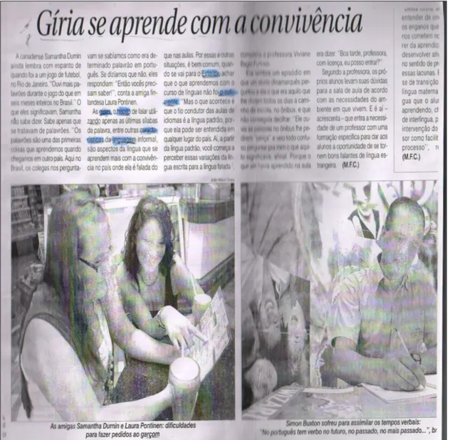 Figura 1. Gíria se aprende com a convivência, texto retirado do Jornal Folha de Londrina, 20 de  novembro de 2008, página 3