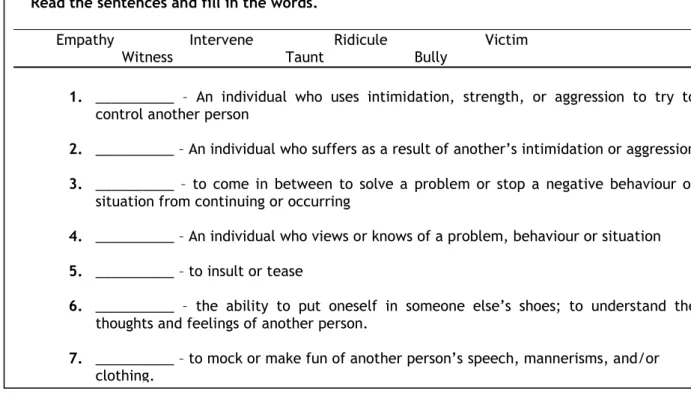 Figura 2 – Exemplo de exercício sobre conceitos chave relacionados com o bullying 