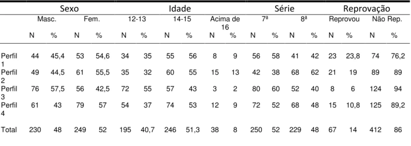 Tabela 9 :  Distribuição dos perfis por sexo, idade, série e condição de reprovação (N=479)