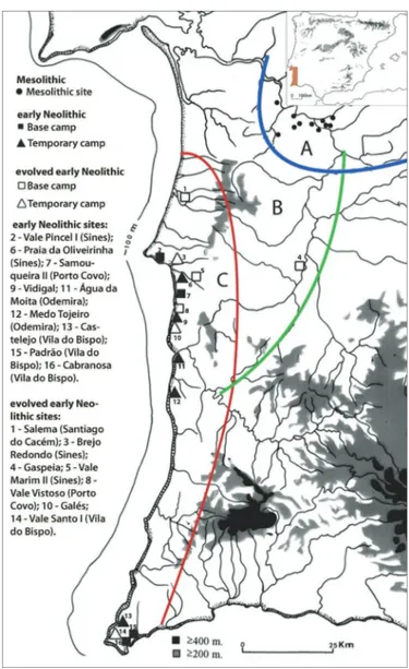Figure 15.8  The Neolithization process. A — Sado Palaeo-estuary, where the Mesolithic groups adopted  only the pottery and rare polished stone axes from the “Neolithic package,” in the time  span of “5200/5000–4500 cal