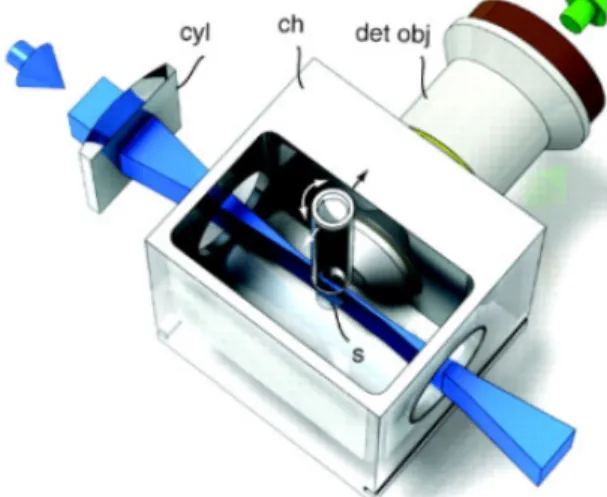 Figure  9  -  Light-sheet  microscopy.  The  sample  is  placed inside a chamber filled with imaging media  (ch)