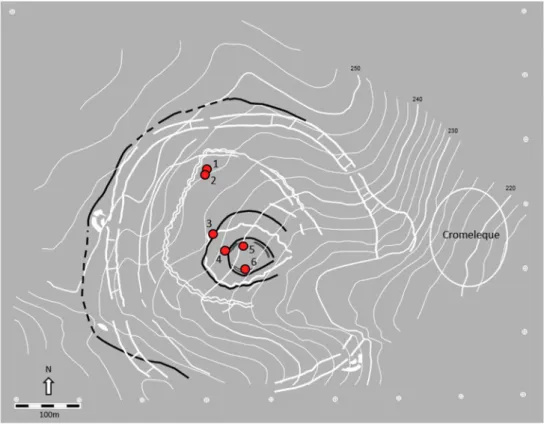 Figura 6.1 – Localização dos contextos funerários e contextos com restos humanos dispersos para a fase neolítica dos  Perdigões (fossos neolíticos realçados a preto)