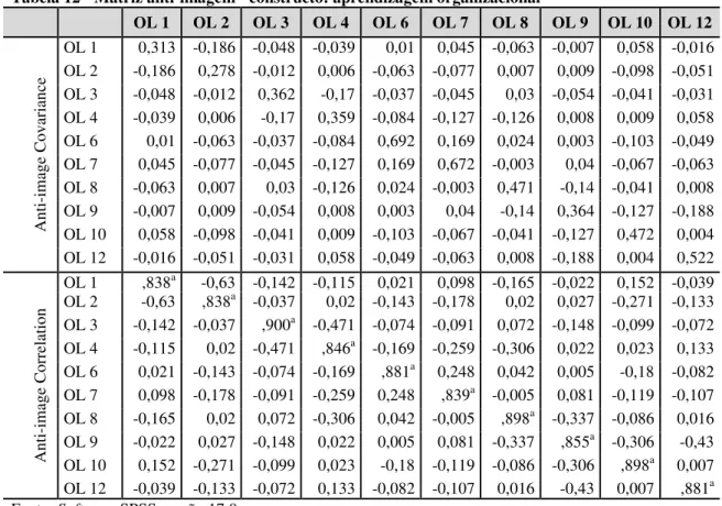 Tabela 12 - Matriz anti-imagem - constructo: aprendizagem organizacional 
