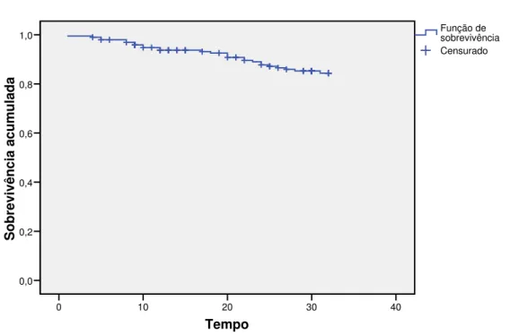 Figura 6 – Curva de sobrevida do cluster  4 Tempo403020100Sobrevivência acumulada1,00,80,60,40,20,0 Censurado Função de  sobrevivênciaFunção de sobrevivênciaCluster = De 18% a 25%