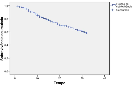 Figura 7 – Curva de sobrevida do cluster 5 Tempo403020100Sobrevivência acumulada1,00,80,60,40,20,0 Censurado Função de  sobrevivênciaFunção de sobrevivênciaCluster = Acima de 25%