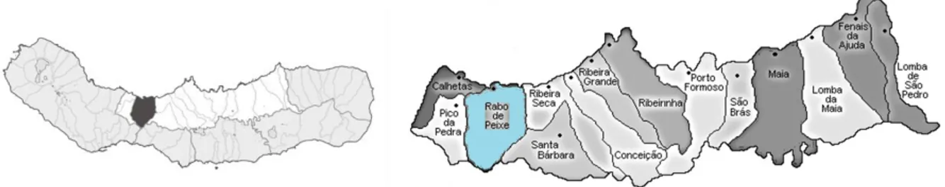 Figura II.7.1 1 - Mapa de São Miguel, com saliência para o Concelho da Ribeira Grande e respetiva  vila de Rabo de Peixe a azul