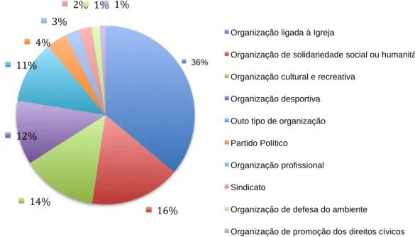 Gráfico nº 1 - Repartição das actividades voluntárias por tipo de organização 