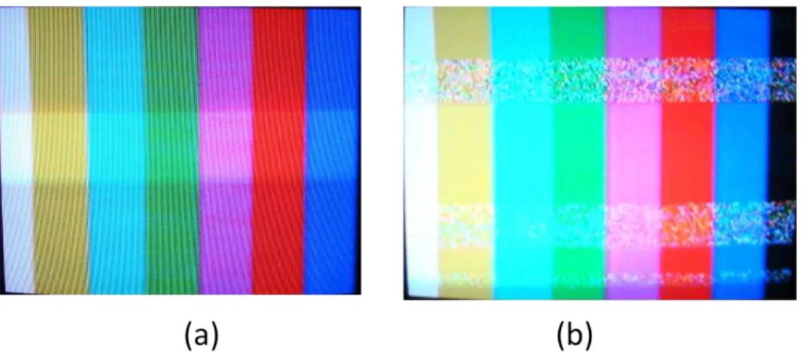 Ilustração 7: Efeito do ruído impulsivo sobre a imagem analógica. Imagem sem interferência em (a) e a  imagem com a presença do ruído impulsivo em (b) 