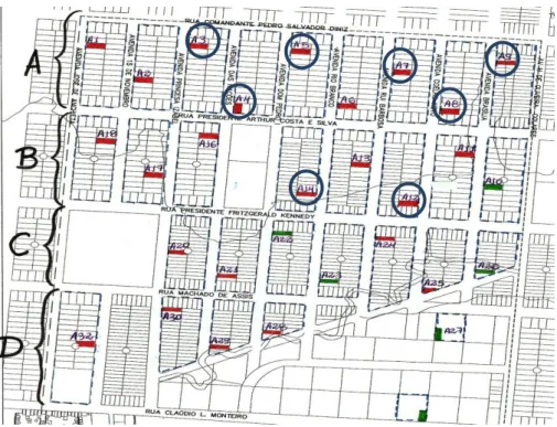 Figura 1. Pontos de amostragens nas quadras setorizadas pelos blocos A,  B, C e D, no bairro Hospitalidade, Santana, Amapá