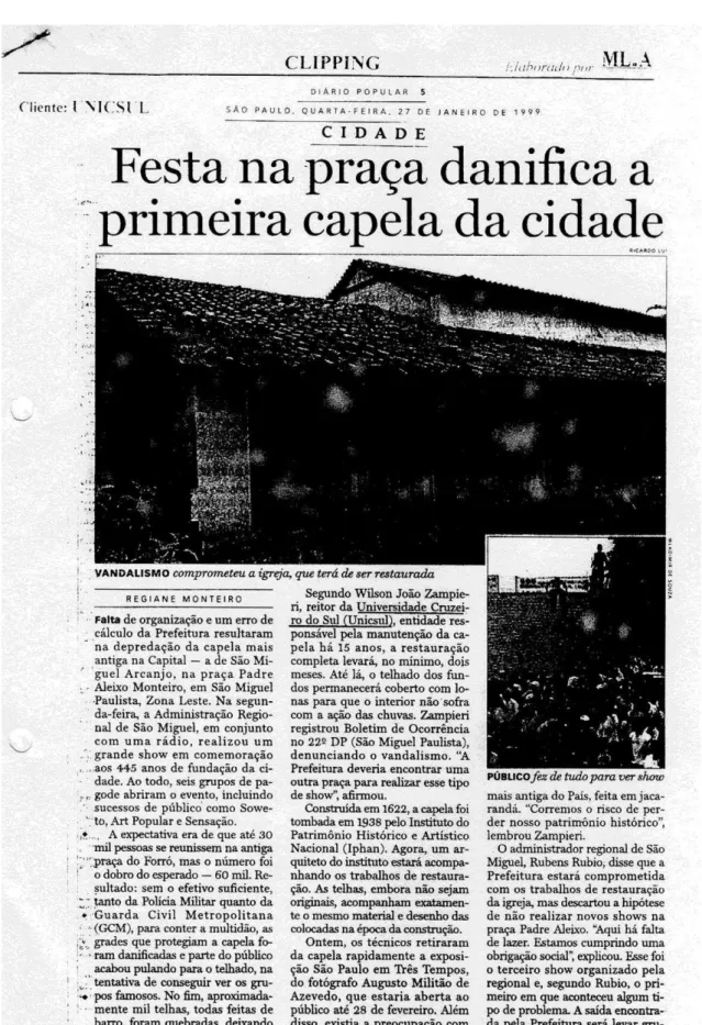 Figura 21: Artigo de jornal informa que no show na Praça Padre Aleixo: o público usou o telhado da Capela como  arquibancada