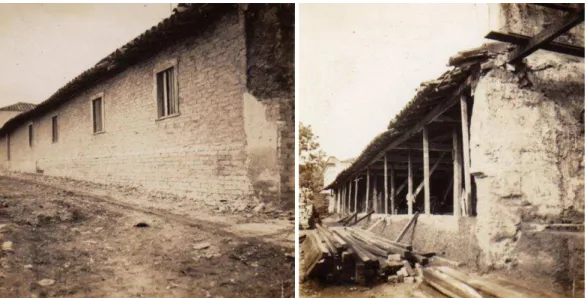 Figura 49: Fichamento com foto do lado interno do corredor lateral, mostrando a parede de tijolos que revestia o  muro de taipa, 1939