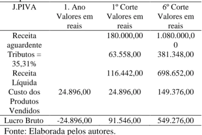 Tabela  1  –  Demonstrativo  de  Resultado  sem  o  cômputo do carbono.  J.PIVA  1. Ano  Valores em  reais  1º Corte  Valores em reais  6º Corte  Valores em reais  Receita  aguardente  180.000,00  1.080.000,00  Tributos =  35,31%  63.558,00  381.348,00  Re