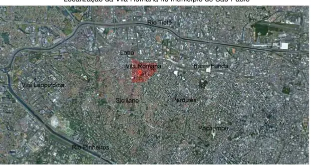 Figura 07 – Em vermelho a localização da Vila Romana sobre foto aérea.  