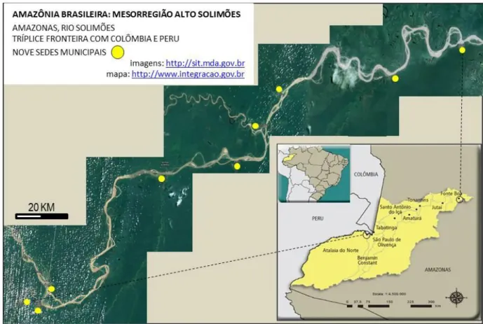Figura 1: Os nove municípios do Estado do Amazonas da Mesorregião do Alto Solimões, rio  Solimões na Amazônia Brasileira, na região da Tríplice Fronteira Amazônica do  Brasil com Colômbia e Peru