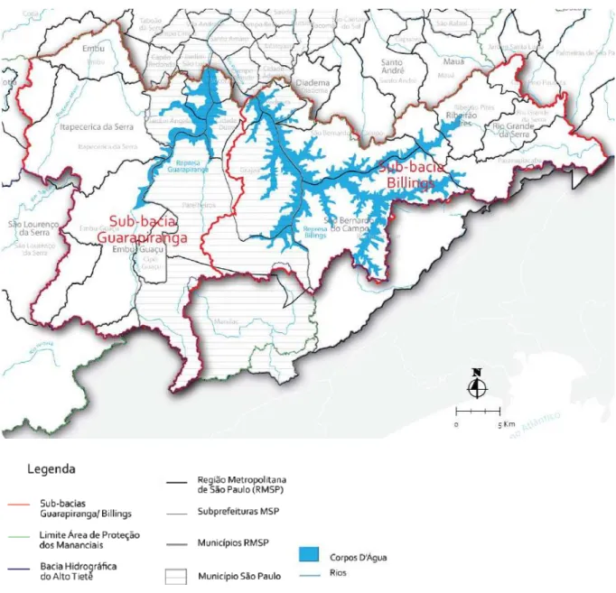 Figura 2.2. Sub-bacias Guarapiranga e Billings: municípios e distritos  Fonte: Alvim, Bruna e Kato (2010, p
