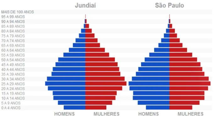 GRÁFICO 1.1 -  Pirâmide etária de Jundiaí e do Estado de São Paulo em 2010. 