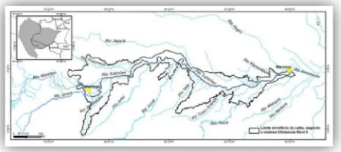 Figura  1:  Localização  da  área  de  estudo,  ao  longo  do  rio  Solimões,  entre  as  cidades  de  Tabatinga e Manaus, a partir da definição das  sub-bacias  drenantes  de  ordem  5,  segundo  a  classificação de Ottobacias 