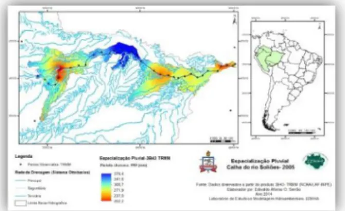 Figura  2:  Espacialização  da  precipitação  na  ca- ca-lha do rio Solimões para o ano de 2005, período  chuvoso (Jan- Jun)