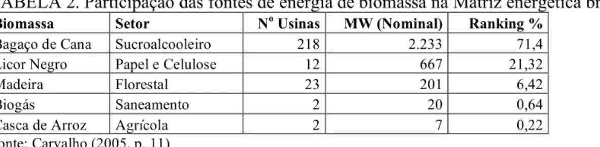 TABELA 2. Participação das fontes de energia de biomassa na Matriz energética brasileira