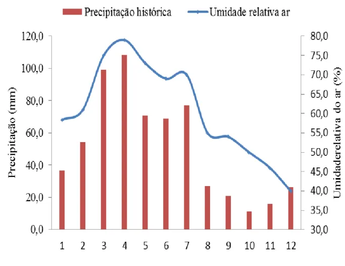 Figura  3.  Comportamento  da  precipitação  pluvial  histórica  e  da  umidade  relativa  do  ar  para  o  município  de  Tacaimbó – PE, referente ao período de 1962-2015
