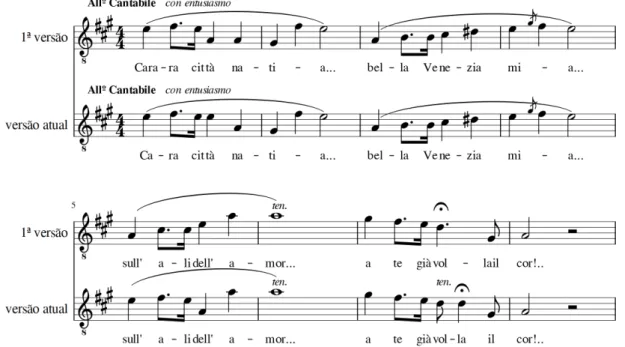 Fig. 3: Fosca/Ato I. Cara città natia. No quinto compasso do exemplo, observa-se uma sutil modificação na  vocalidade de Paolo entre a primeira versão e a versão atual 14 