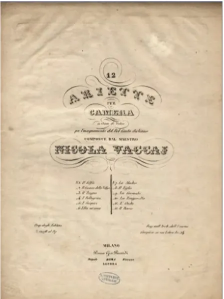 Fig. 1: Frontispício de Dodici ariette per camera per l’insegnamento del bel canto italiano (VACCAI, 1838)