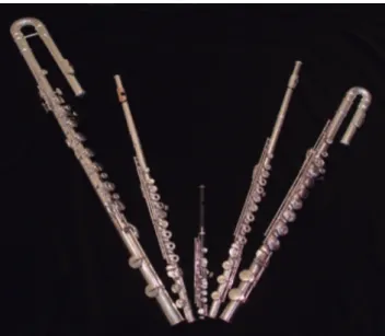 Fig. 1: Instrumentos da família da flauta transversal: flauta baixo, flauta em Dó, piccolo, flauta em Dó com pé  de Si e flauta em Sol (CAPILANO FLUTE CHOIR)