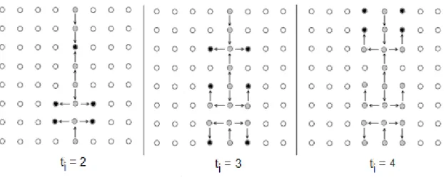 Figura 23: Dinâmica de descontaminação até ti = 4 com a regra da Tabela 16. 
