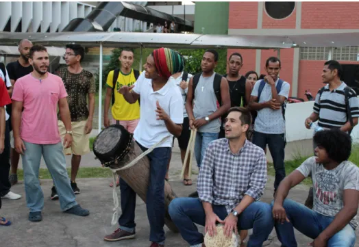 Fig. 1: Grupo de Tambor de Crioula Flor da Samaumeira. Performance na Ágora do CCH - UFMA   em 15 jul