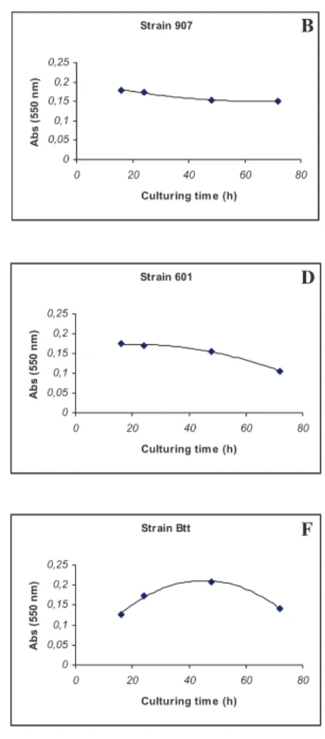 Figure 3 – Cellulase activity of different Bt strains toxic to A. grandis larvae between 16 h  and 72 h growth