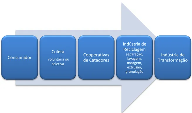 Figura 3  –  Esquema de fluxo da cadeia produtiva do segmento de reciclagem desde o  consumidor até o retorno à indústria de transformação (Adaptado de Abiplast, 2015)