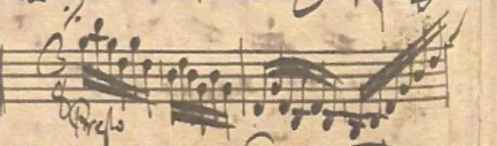 Fig. 11: Presto da Sonata BWV 1001, comp. 1-4: compasso 3/8 e meias barras de compasso   (BACH, [1720] 1962)