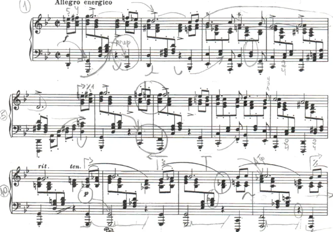 Fig. 2: Excerto da Ballade op. 118 n. 3 de Johannes Brahms, trabalhado por um aluno, com marcações